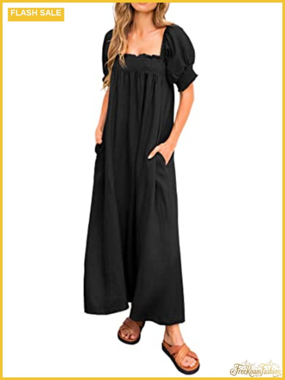 Women's Casual Maxi Dress Puff Sleeve Square Neck Pockets Flowy